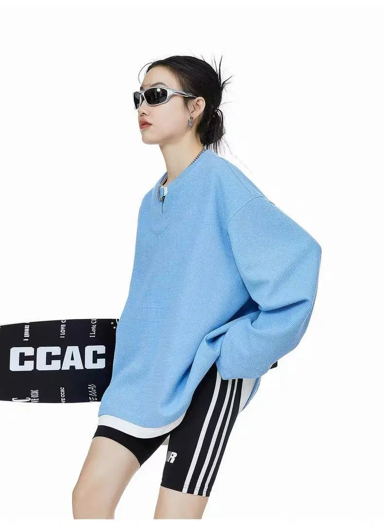 Waffle Knit Henley Relaxed Sweat Top   OL2011