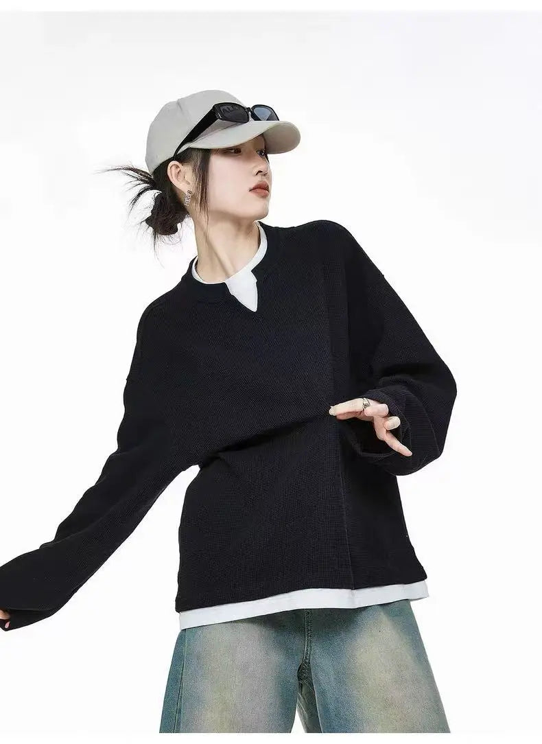 Waffle Knit Henley Relaxed Sweat Top   OL2011