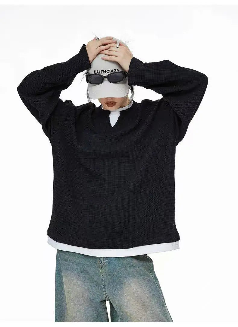 Waffle Knit Henley Relaxed Sweat Top   OL2011