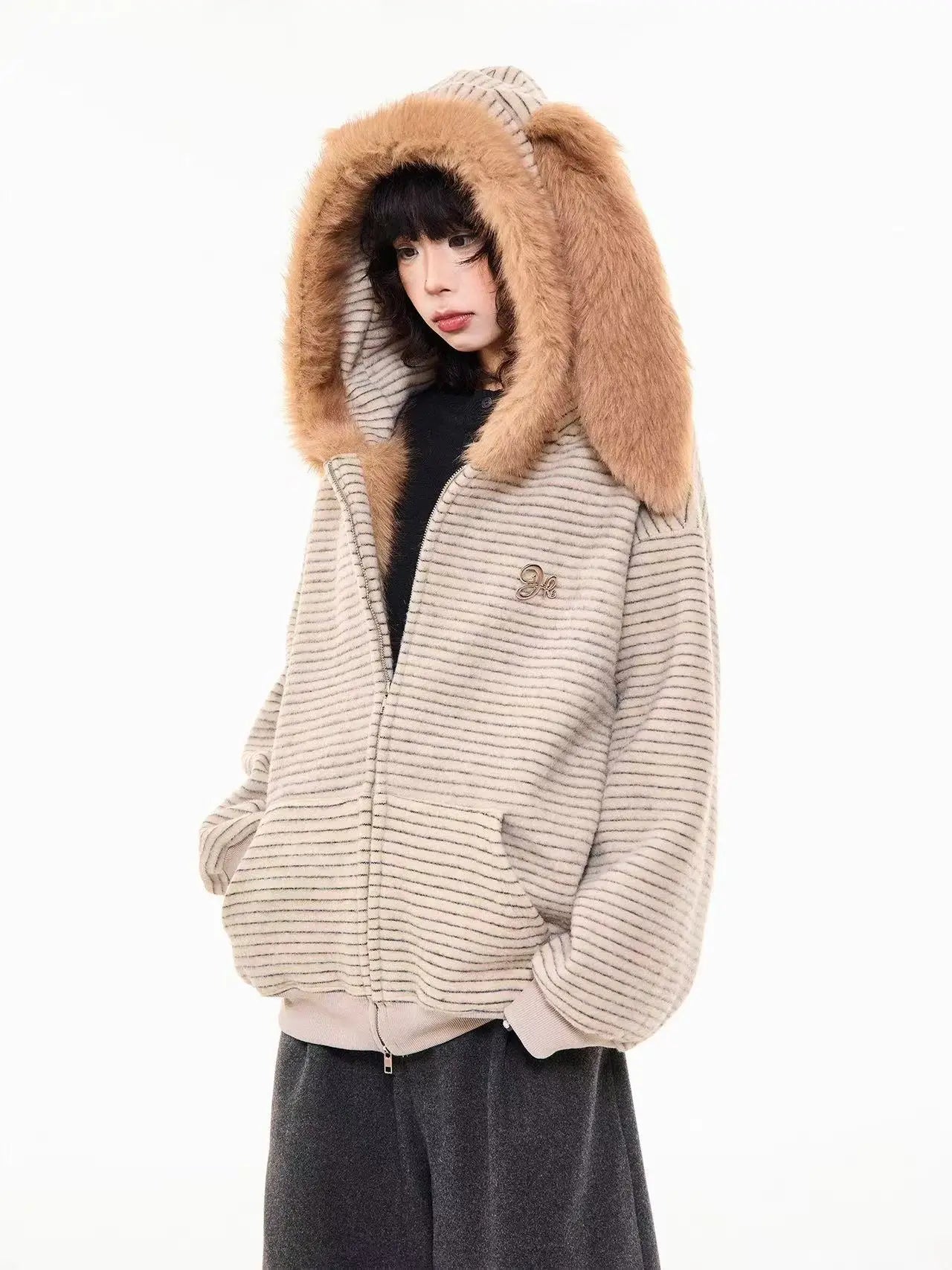 Striped Bunny Hood Fleece Lined Hoodie   OL2012