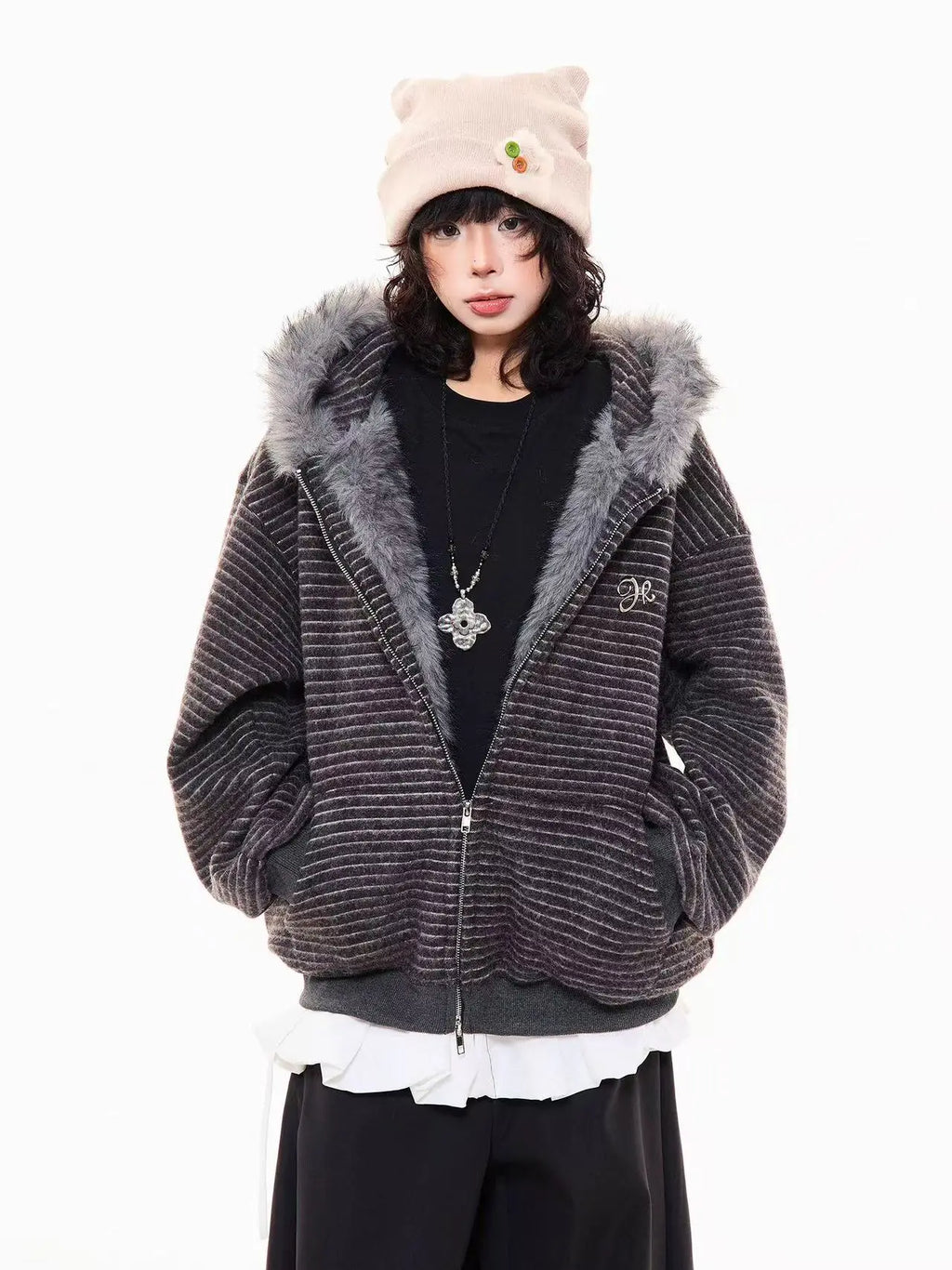 Striped Bunny Hood Fleece Lined Hoodie   OL2012