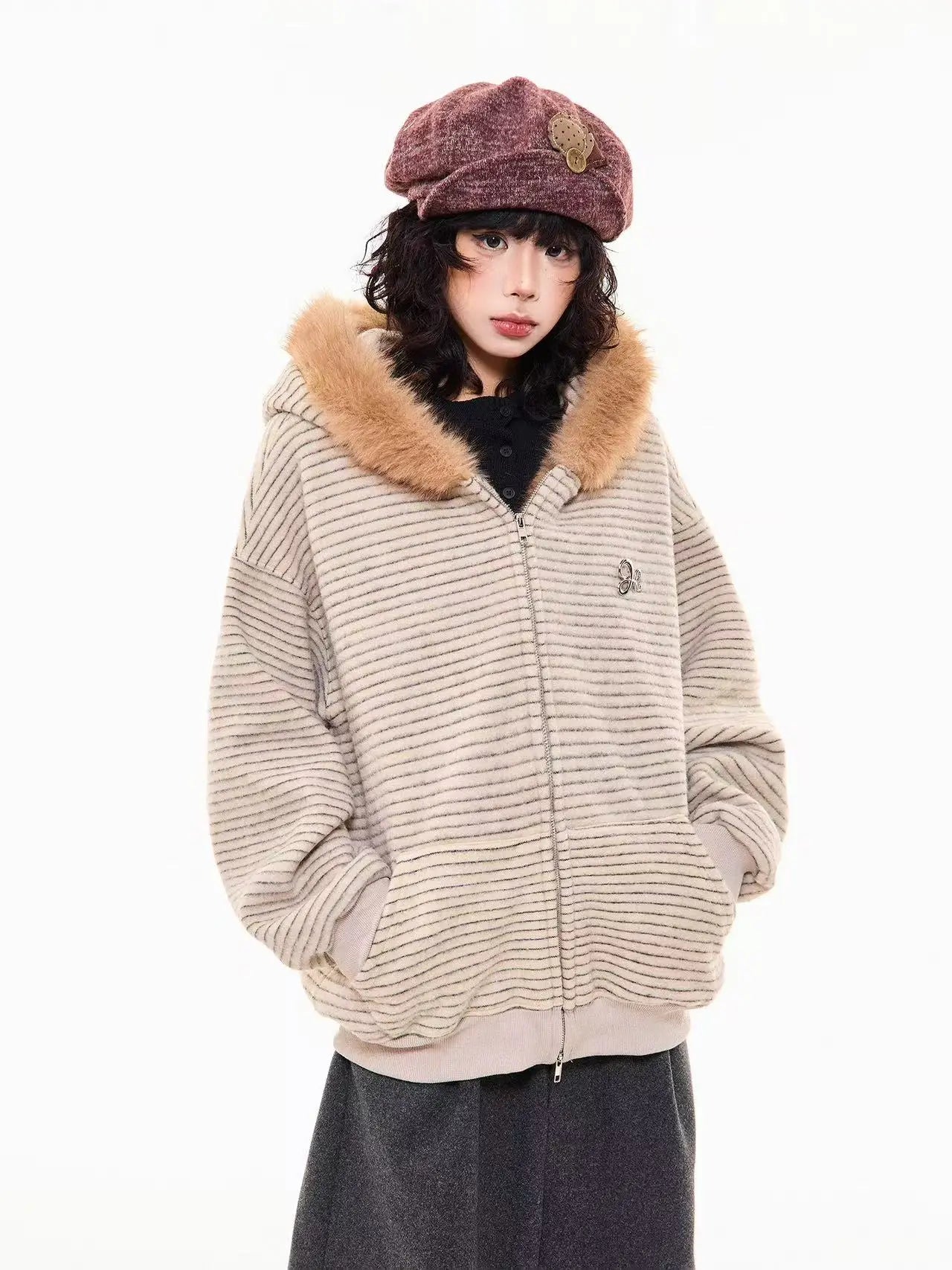 Striped Bunny Hood Fleece Lined Hoodie   OL2012