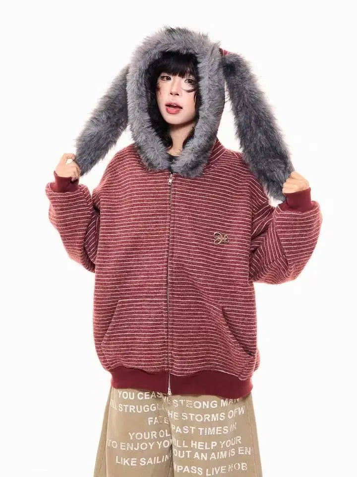 Striped Bunny Hood Fleece Lined Hoodie   OL2012