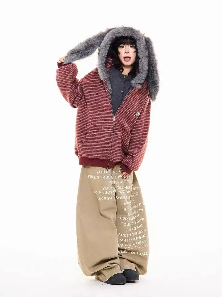 Striped Bunny Hood Fleece Lined Hoodie   OL2012