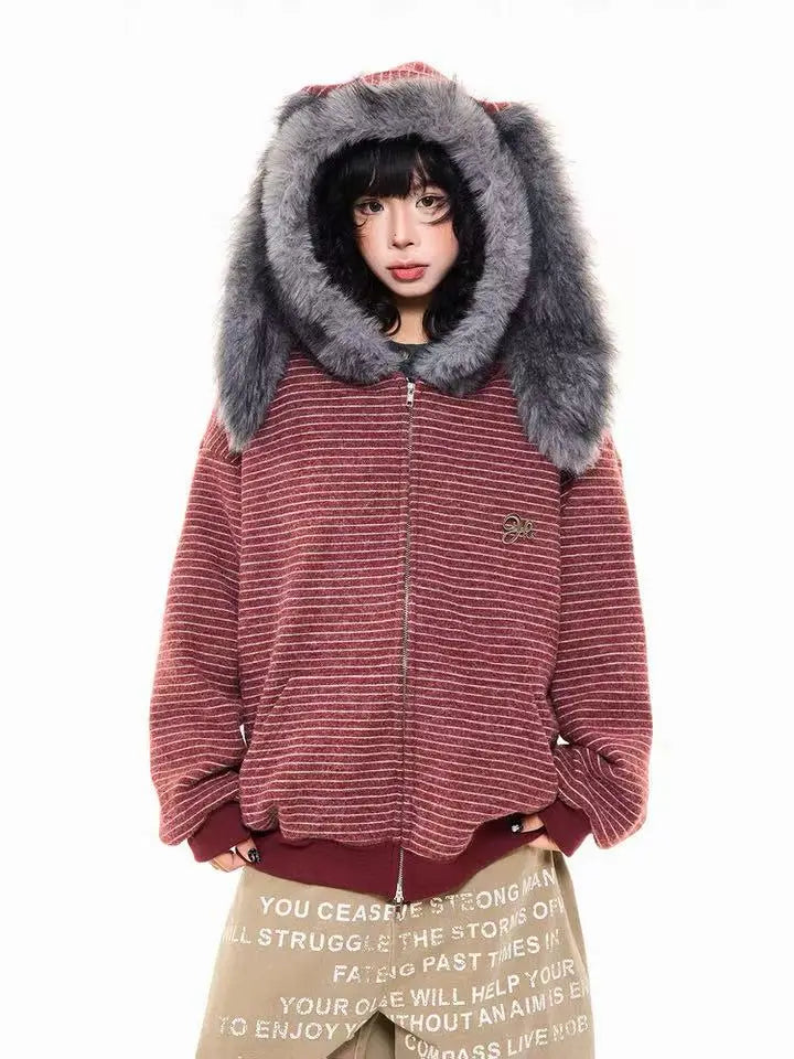 Striped Bunny Hood Fleece Lined Hoodie   OL2012