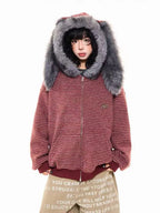 Striped Bunny Hood Fleece Lined Hoodie   OL2012