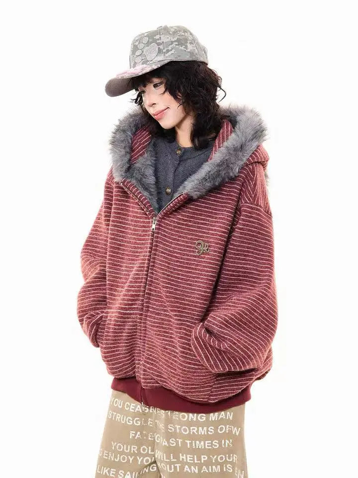 Striped Bunny Hood Fleece Lined Hoodie   OL2012