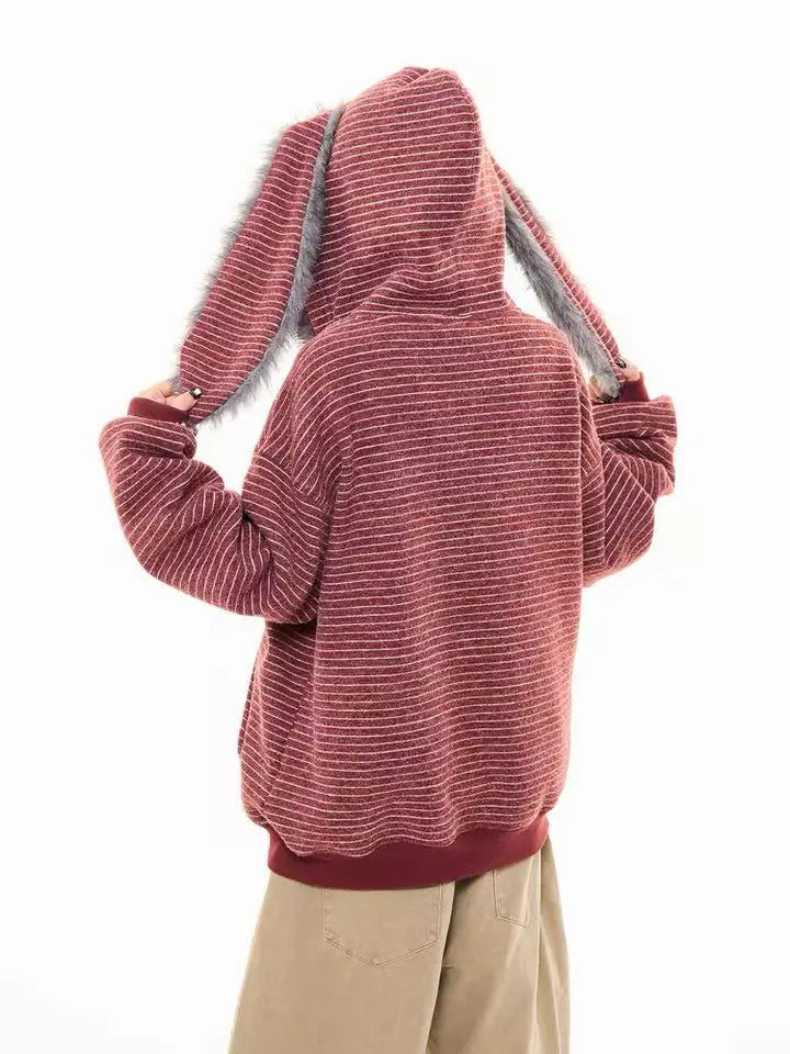 Striped Bunny Hood Fleece Lined Hoodie   OL2012