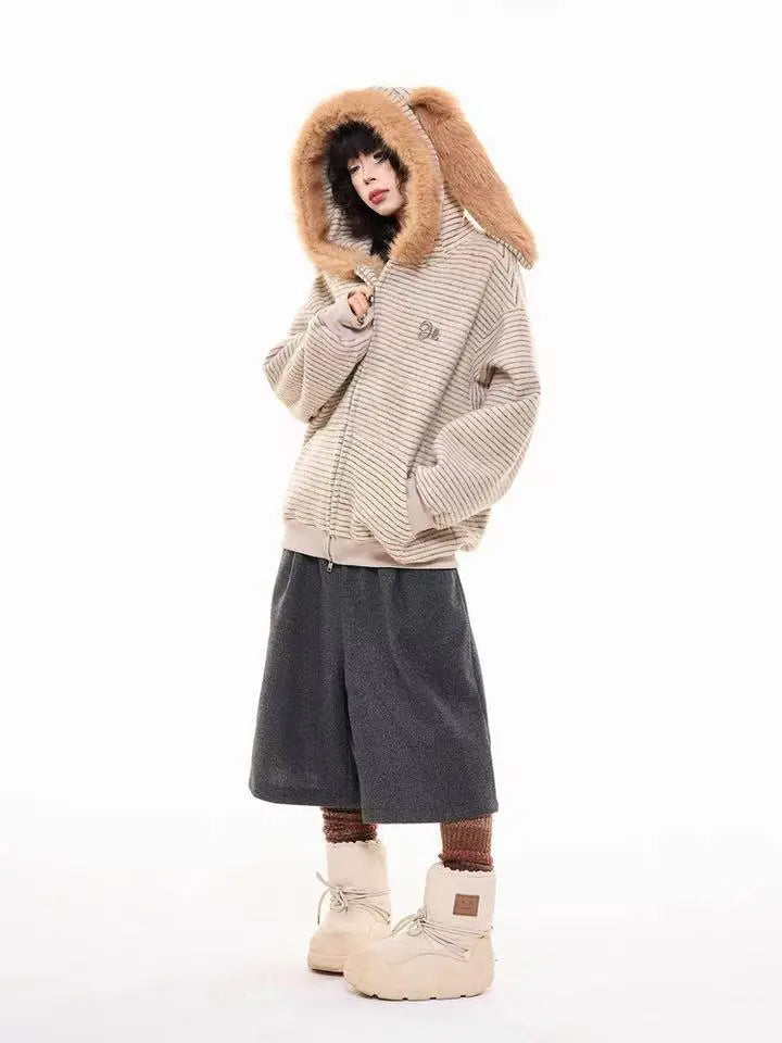 Striped Bunny Hood Fleece Lined Hoodie   OL2012