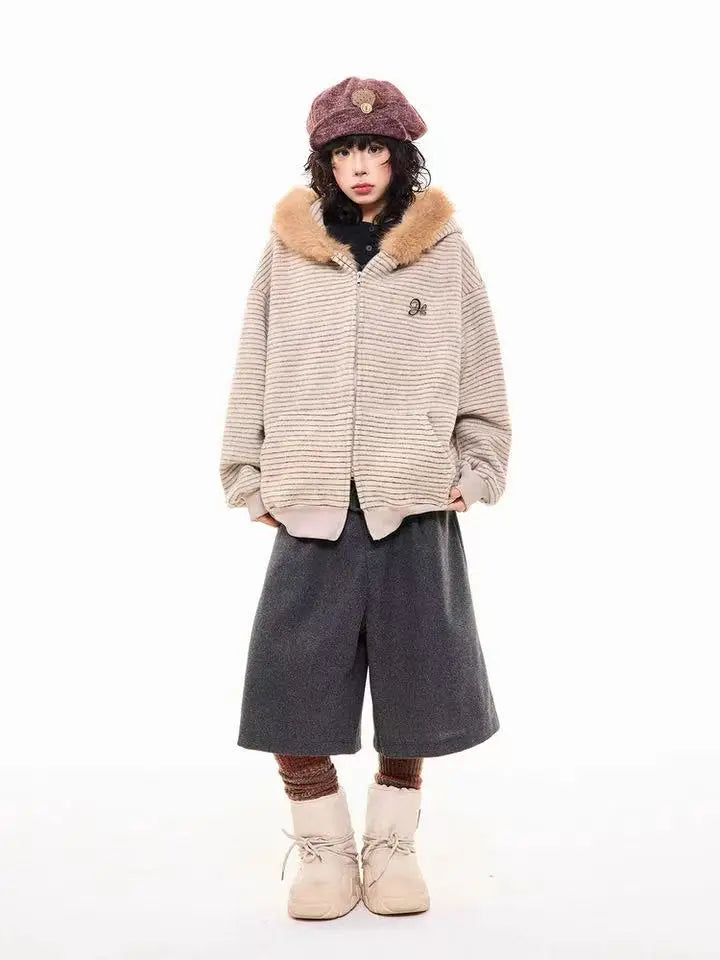 Striped Bunny Hood Fleece Lined Hoodie   OL2012