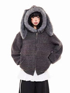 Striped Bunny Hood Fleece Lined Hoodie   OL2012