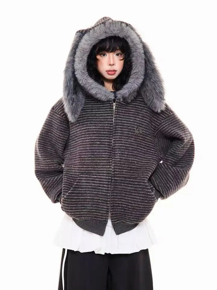 Striped Bunny Hood Fleece Lined Hoodie   OL2012
