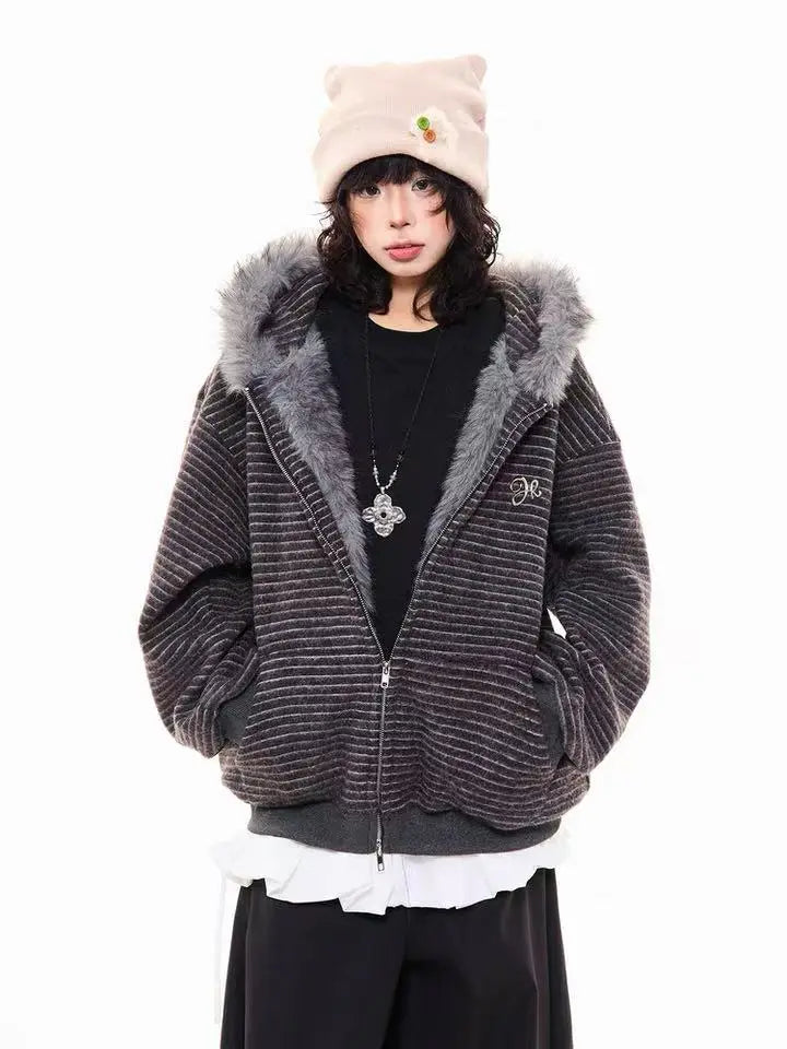 Striped Bunny Hood Fleece Lined Hoodie   OL2012