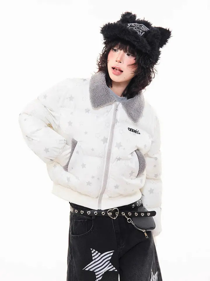 Star Puffer Jacket with Faux-Fur Collar   OL2009