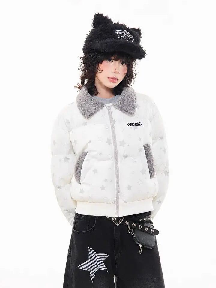 Star Puffer Jacket with Faux-Fur Collar   OL2009