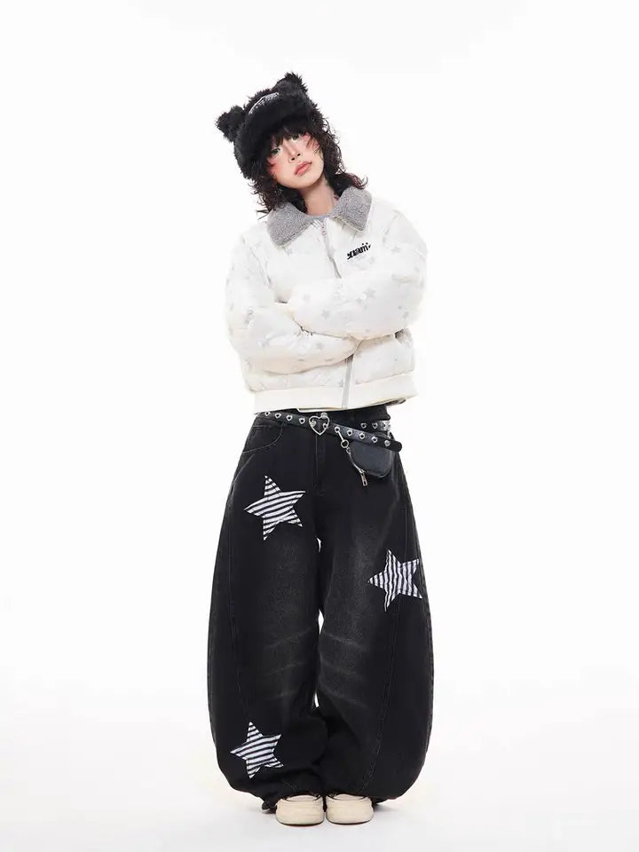 Star Puffer Jacket with Faux-Fur Collar   OL2009