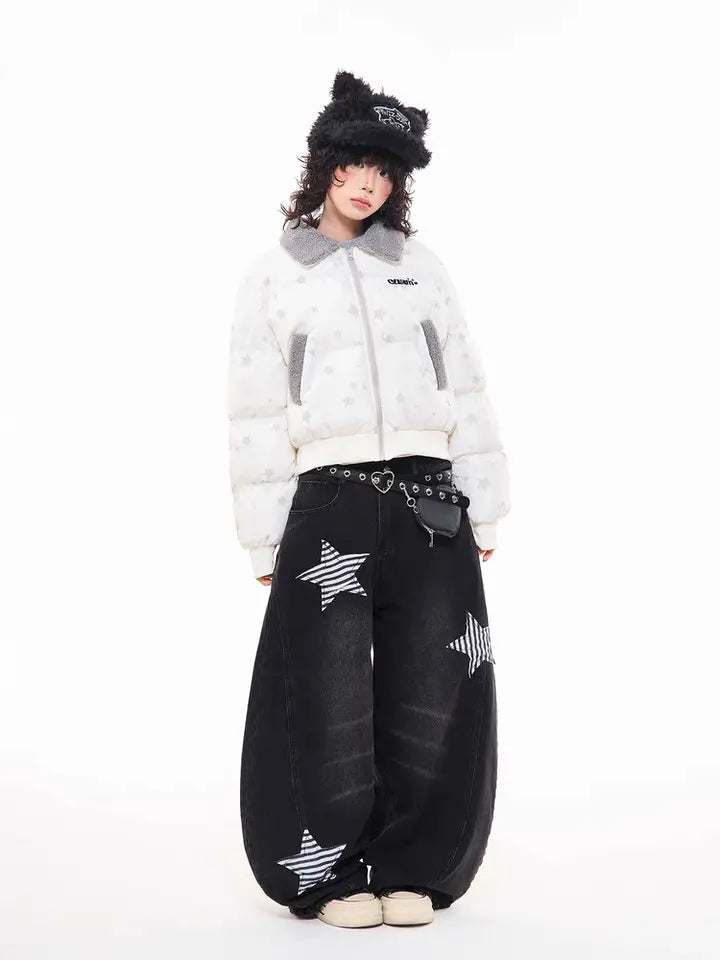 Star Puffer Jacket with Faux-Fur Collar   OL2009