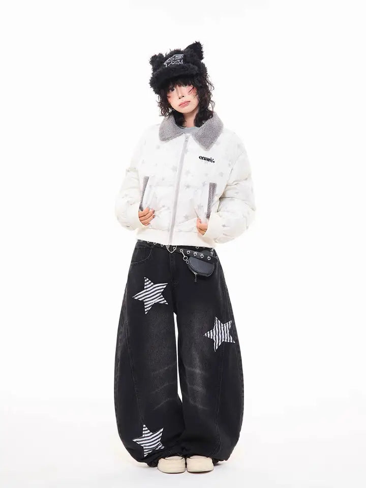Star Puffer Jacket with Faux-Fur Collar   OL2009