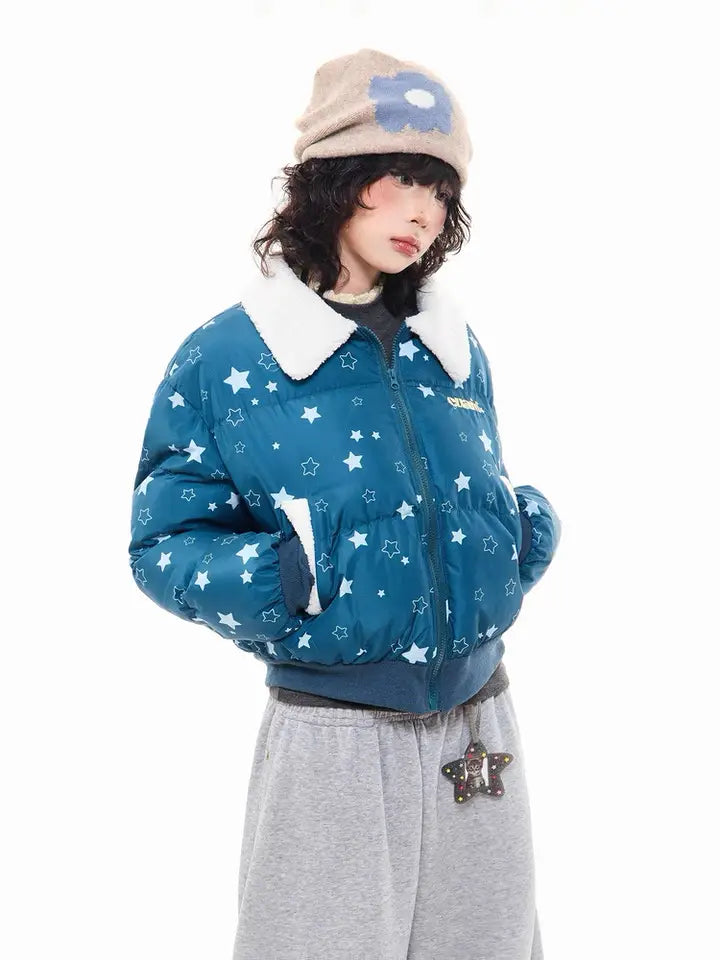 Star Puffer Jacket with Faux-Fur Collar   OL2009