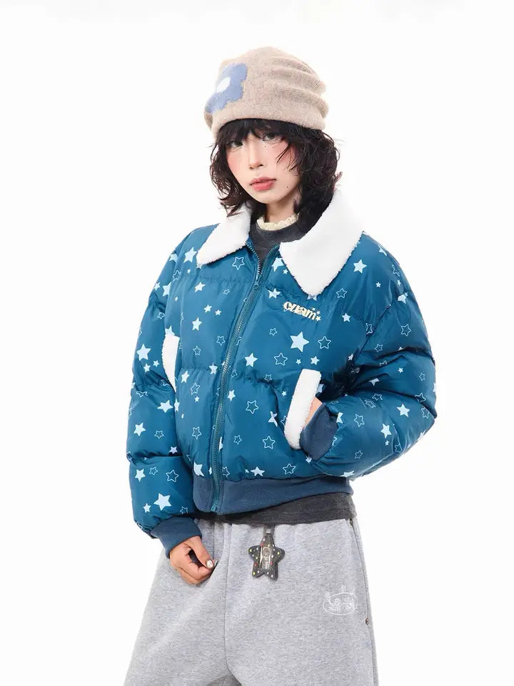Star Puffer Jacket with Faux-Fur Collar   OL2009