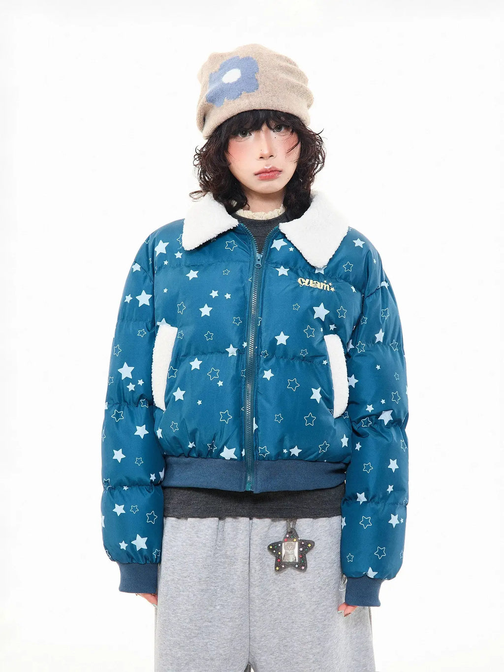 Star Puffer Jacket with Faux-Fur Collar   OL2009