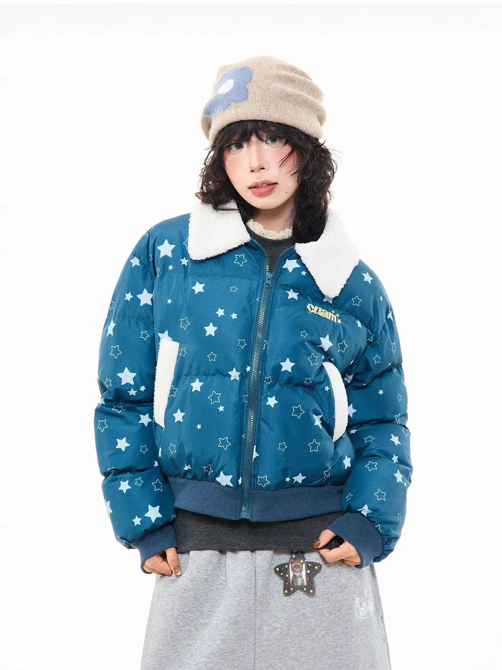 Star Puffer Jacket with Faux-Fur Collar   OL2009