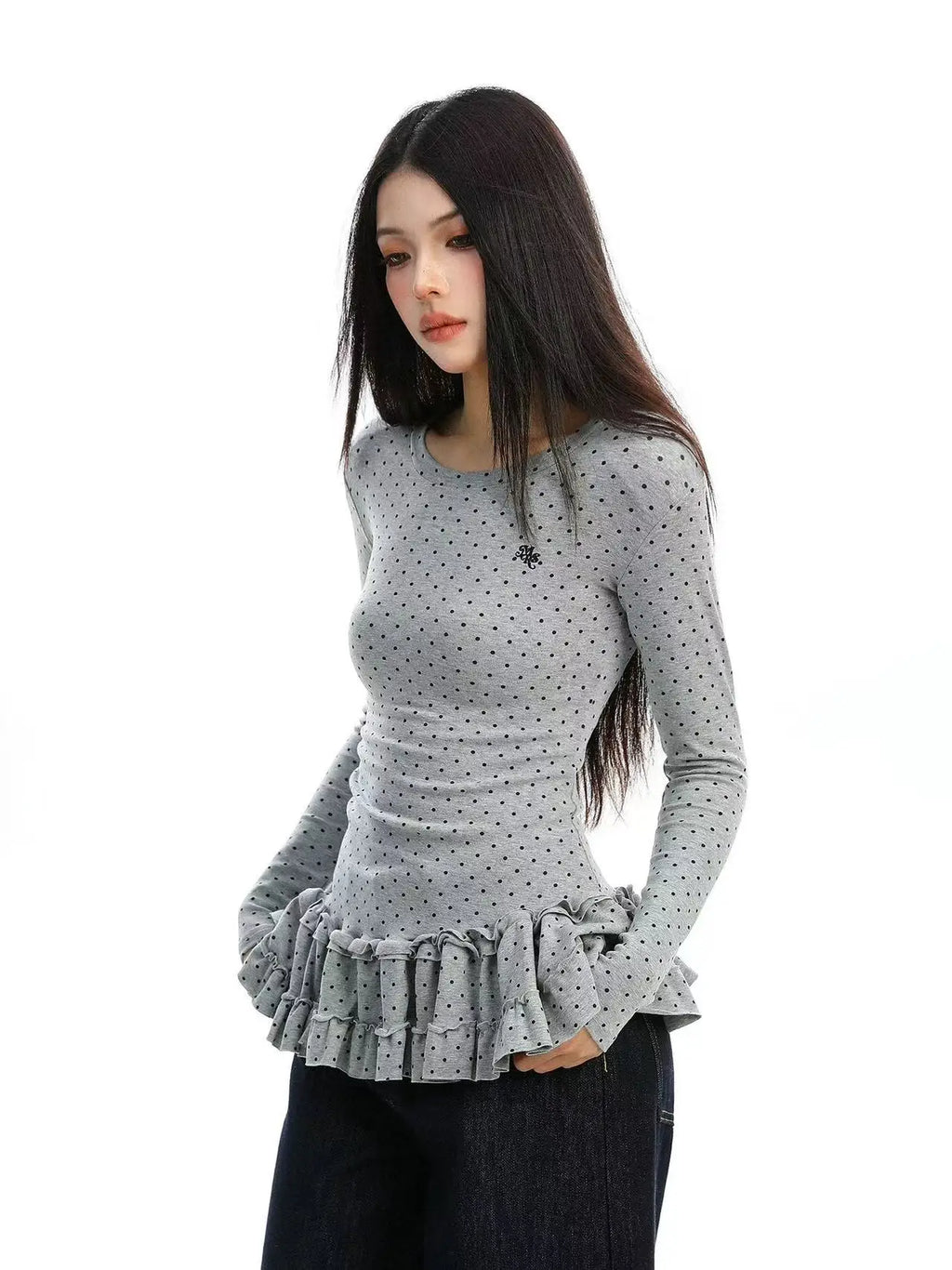 Ruffled Polka Dot Slim Fit Top   OL2014