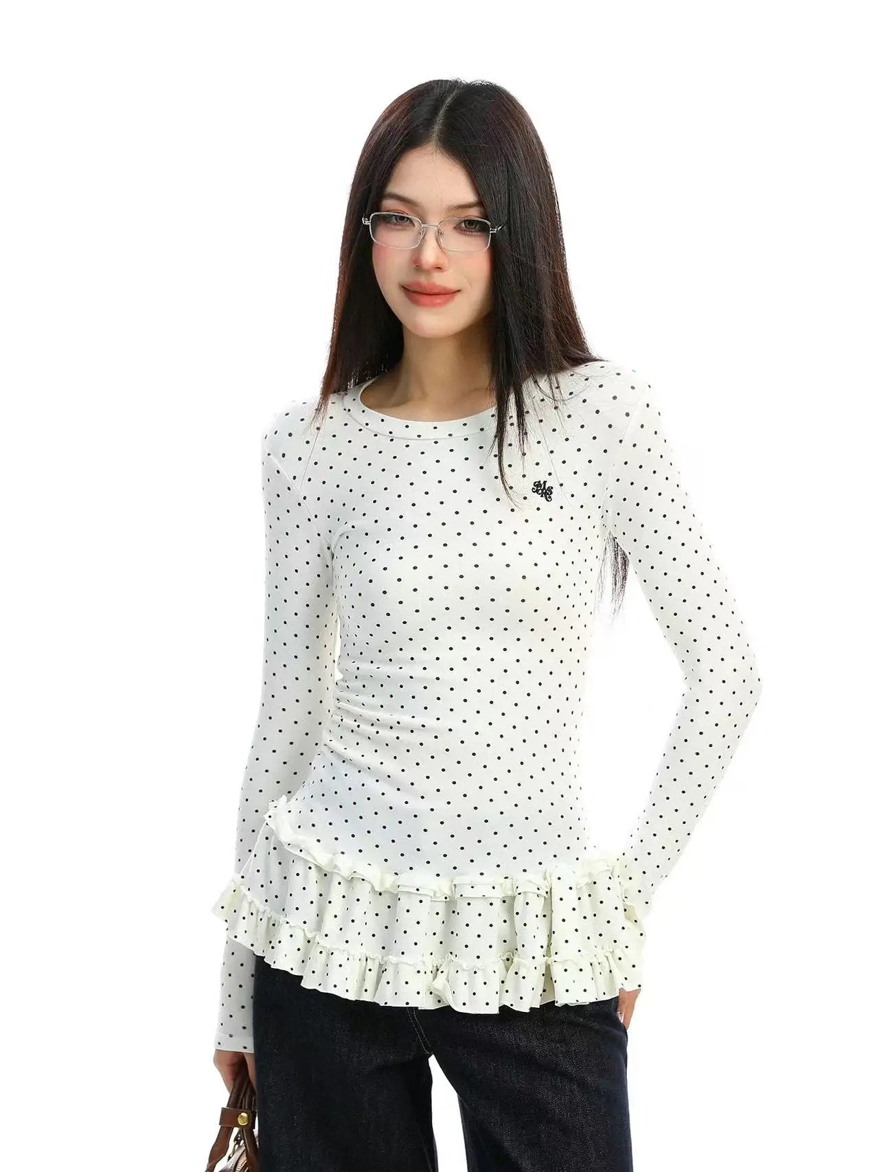 Ruffled Polka Dot Slim Fit Top   OL2014