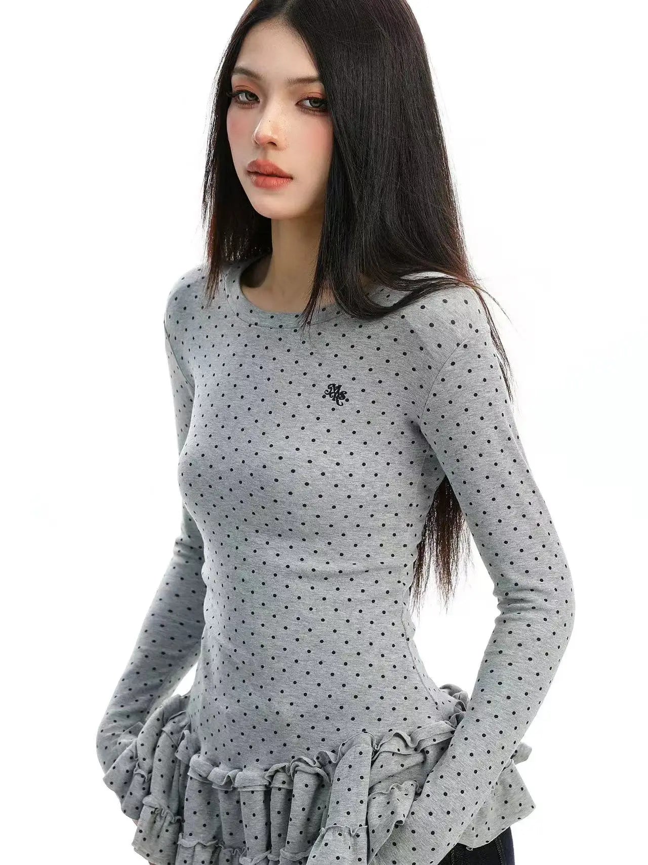 Ruffled Polka Dot Slim Fit Top   OL2014