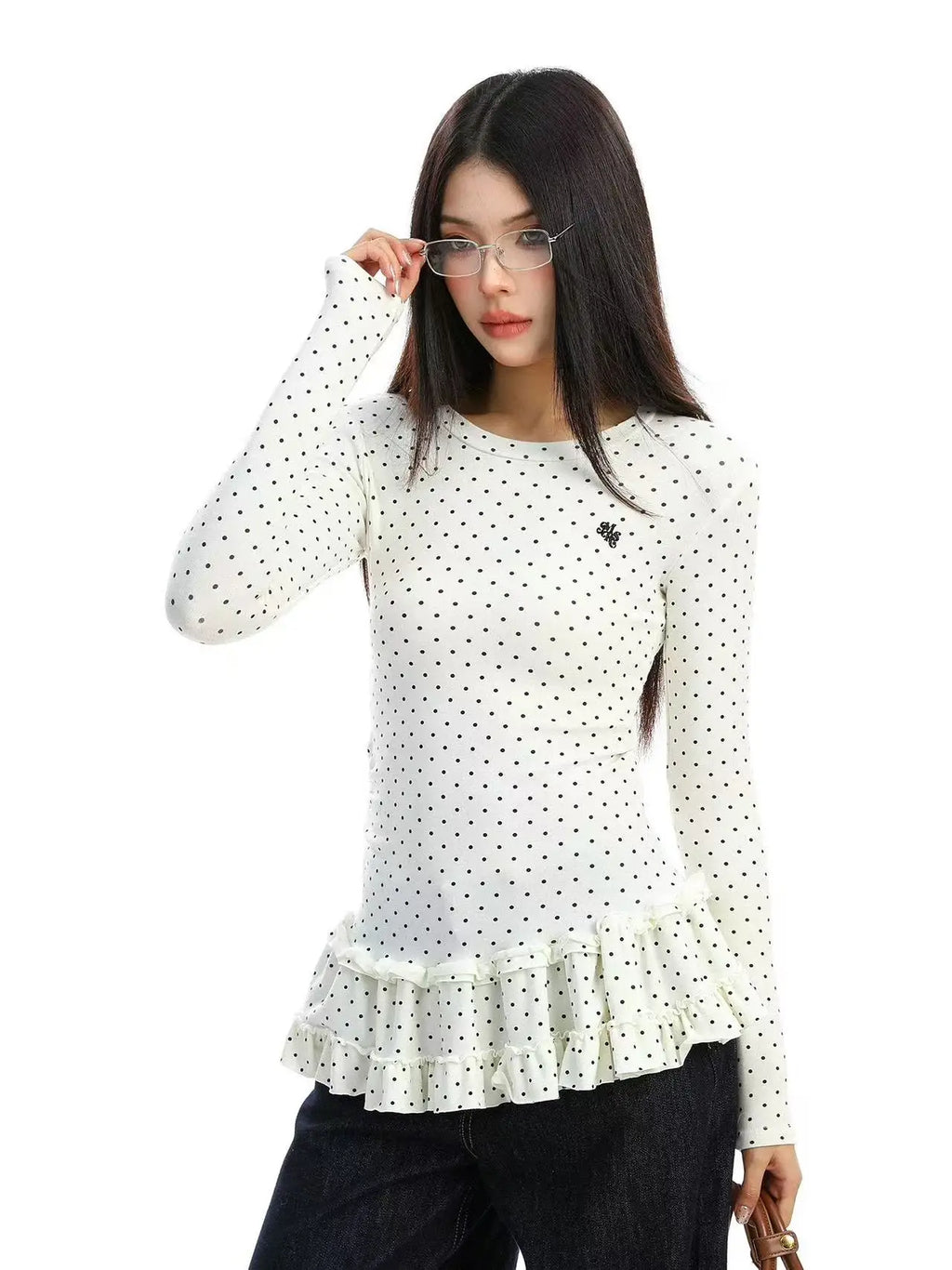 Ruffled Polka Dot Slim Fit Top   OL2014