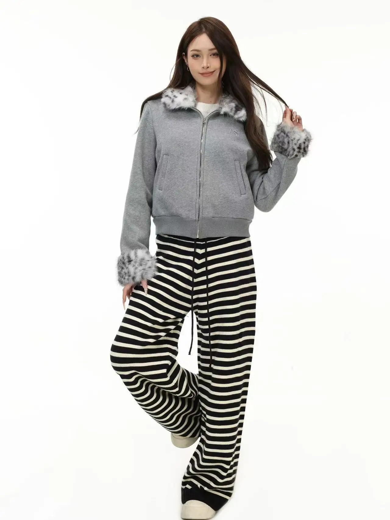 Leopard Faux Fur Collar Fitted Jacket   OL2015