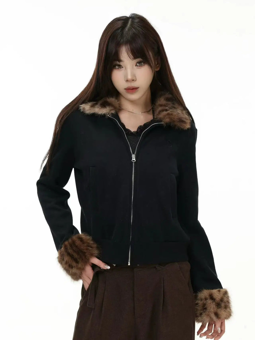 Leopard Faux Fur Collar Fitted Jacket   OL2015