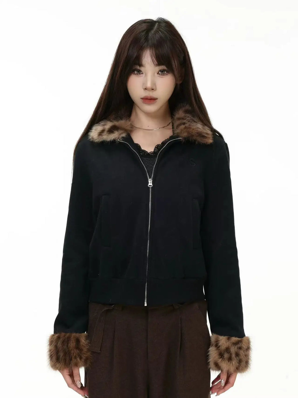 Leopard Faux Fur Collar Fitted Jacket   OL2015