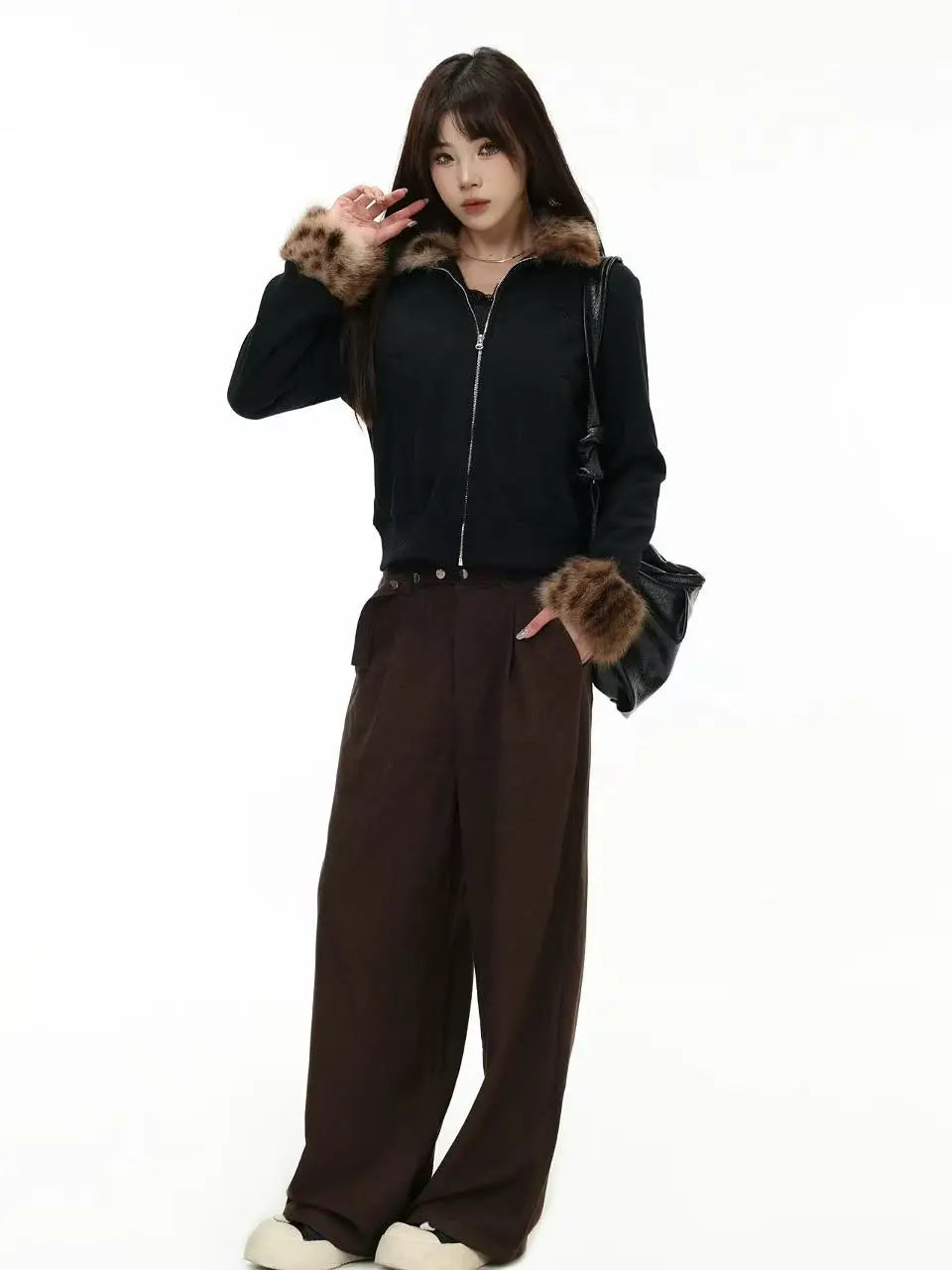 Leopard Faux Fur Collar Fitted Jacket   OL2015