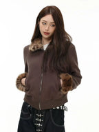 Leopard Faux Fur Collar Fitted Jacket   OL2015