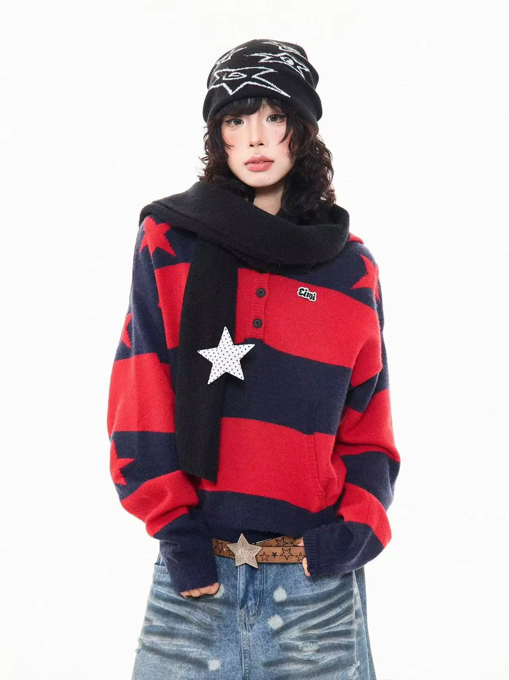 Retro Star Striped Hoodie Knit   OL2016
