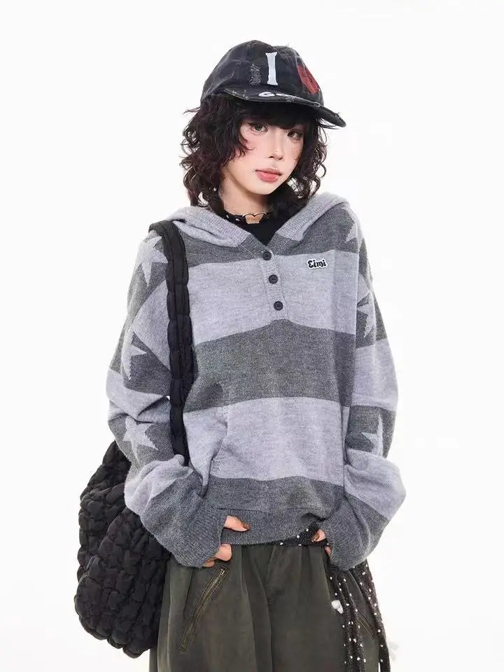 Retro Star Striped Hoodie Knit   OL2016