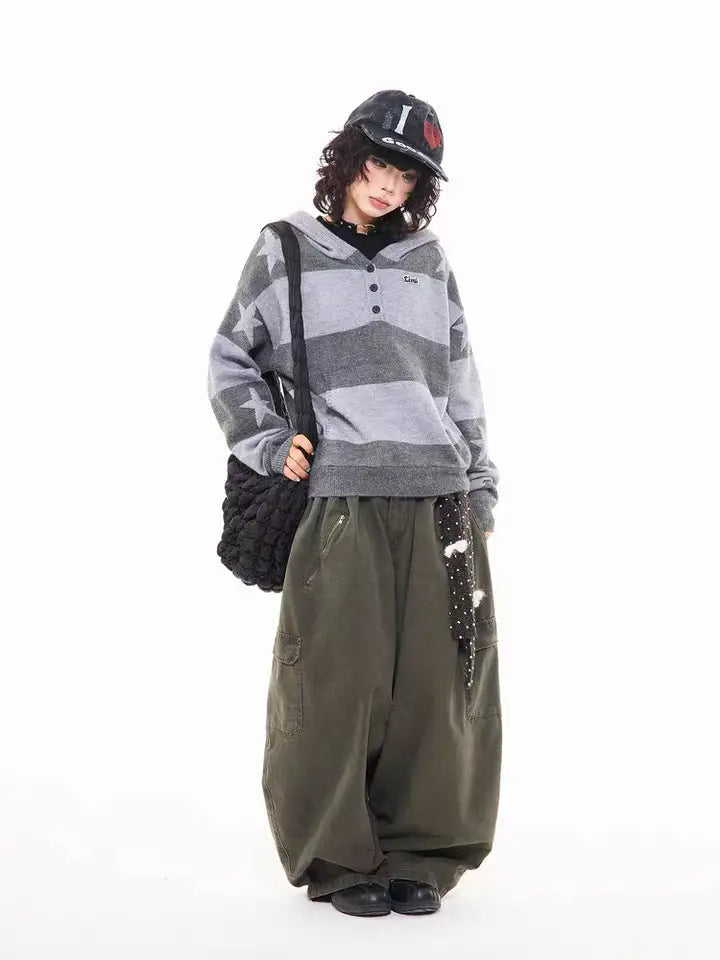 Retro Star Striped Hoodie Knit   OL2016