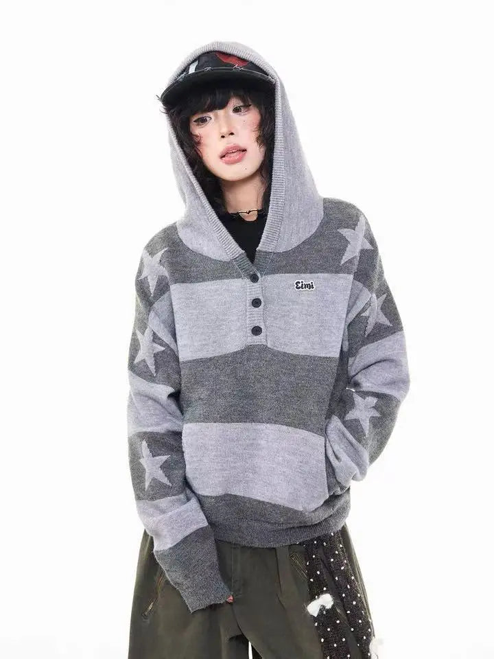 Retro Star Striped Hoodie Knit   OL2016