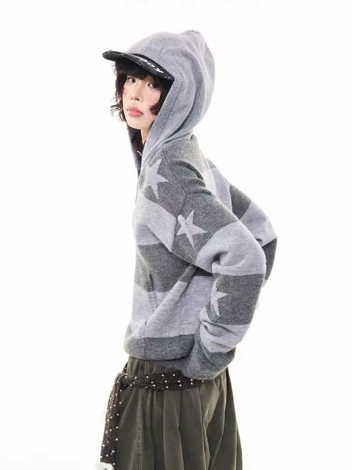 Retro Star Striped Hoodie Knit   OL2016