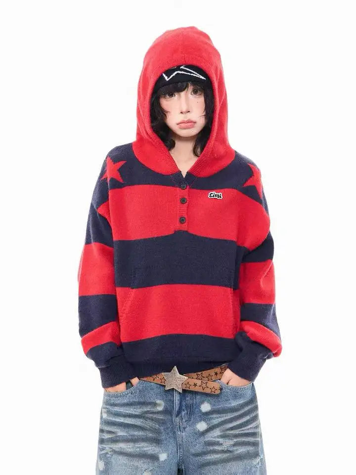 Retro Star Striped Hoodie Knit   OL2016