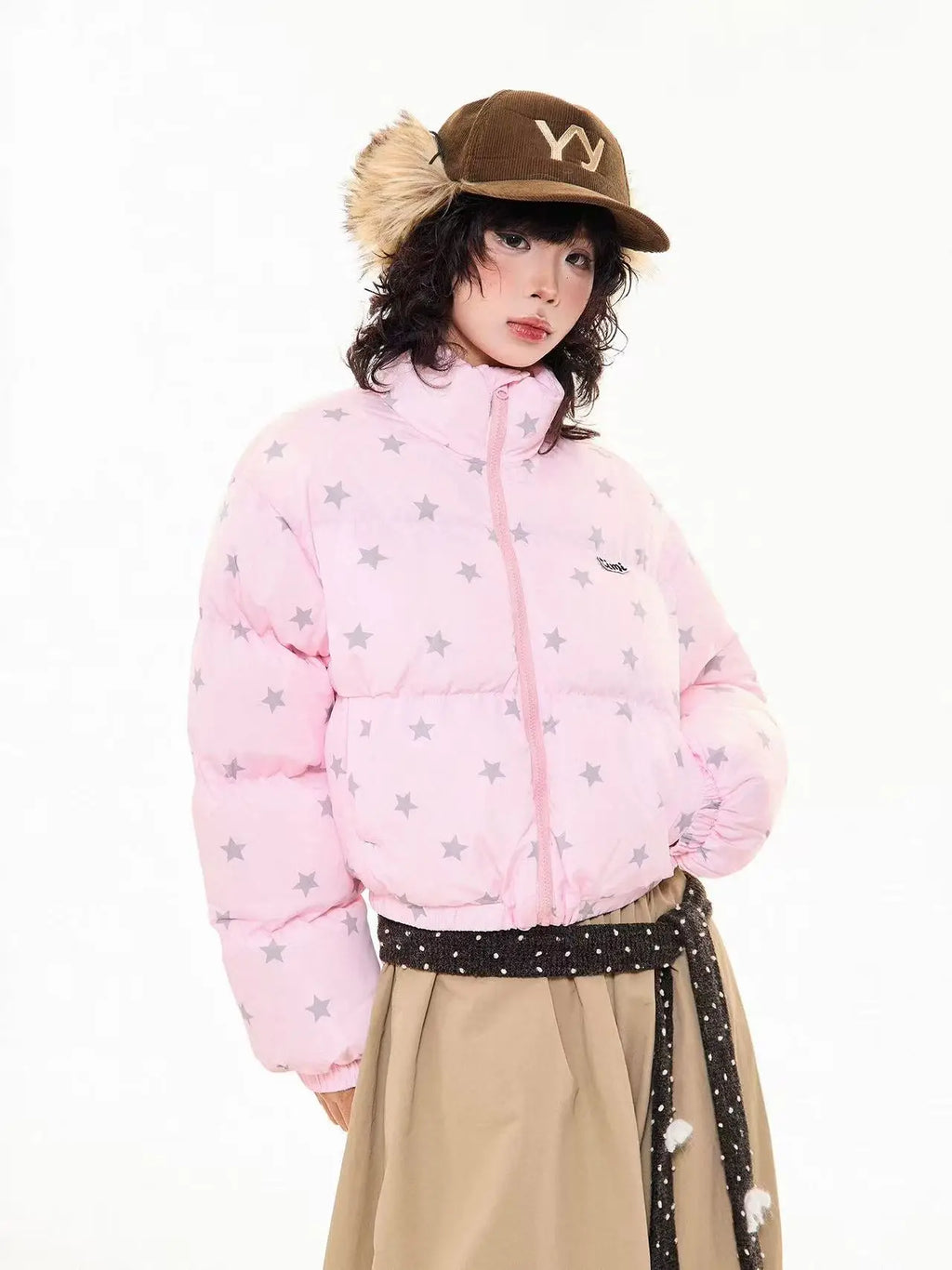 Star Print Stand Collar Puffer Jacket   OL2017