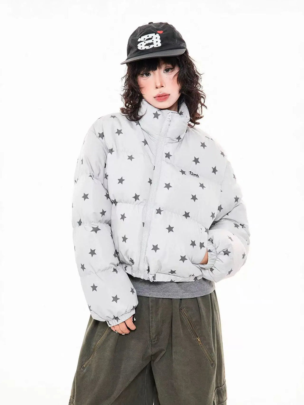 Star Print Stand Collar Puffer Jacket   OL2017