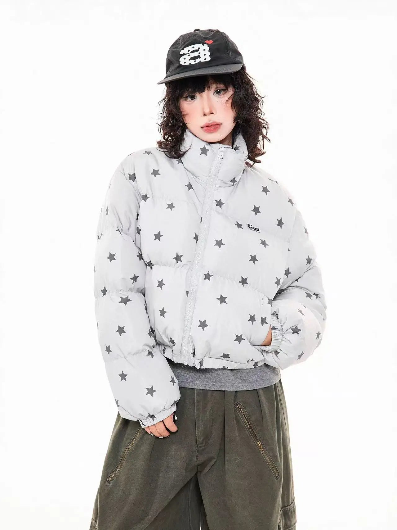 Star Print Stand Collar Puffer Jacket   OL2017