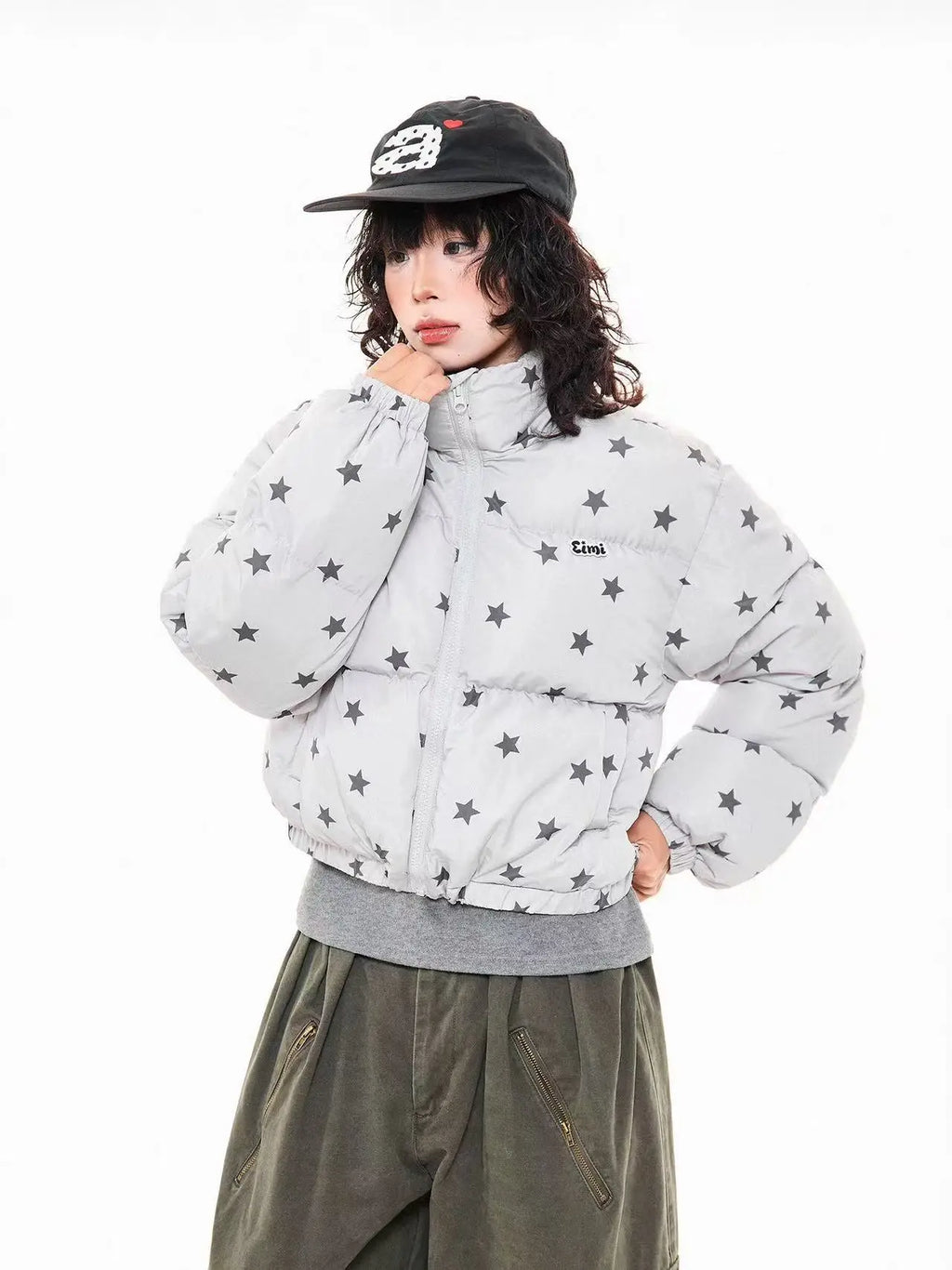Star Print Stand Collar Puffer Jacket   OL2017