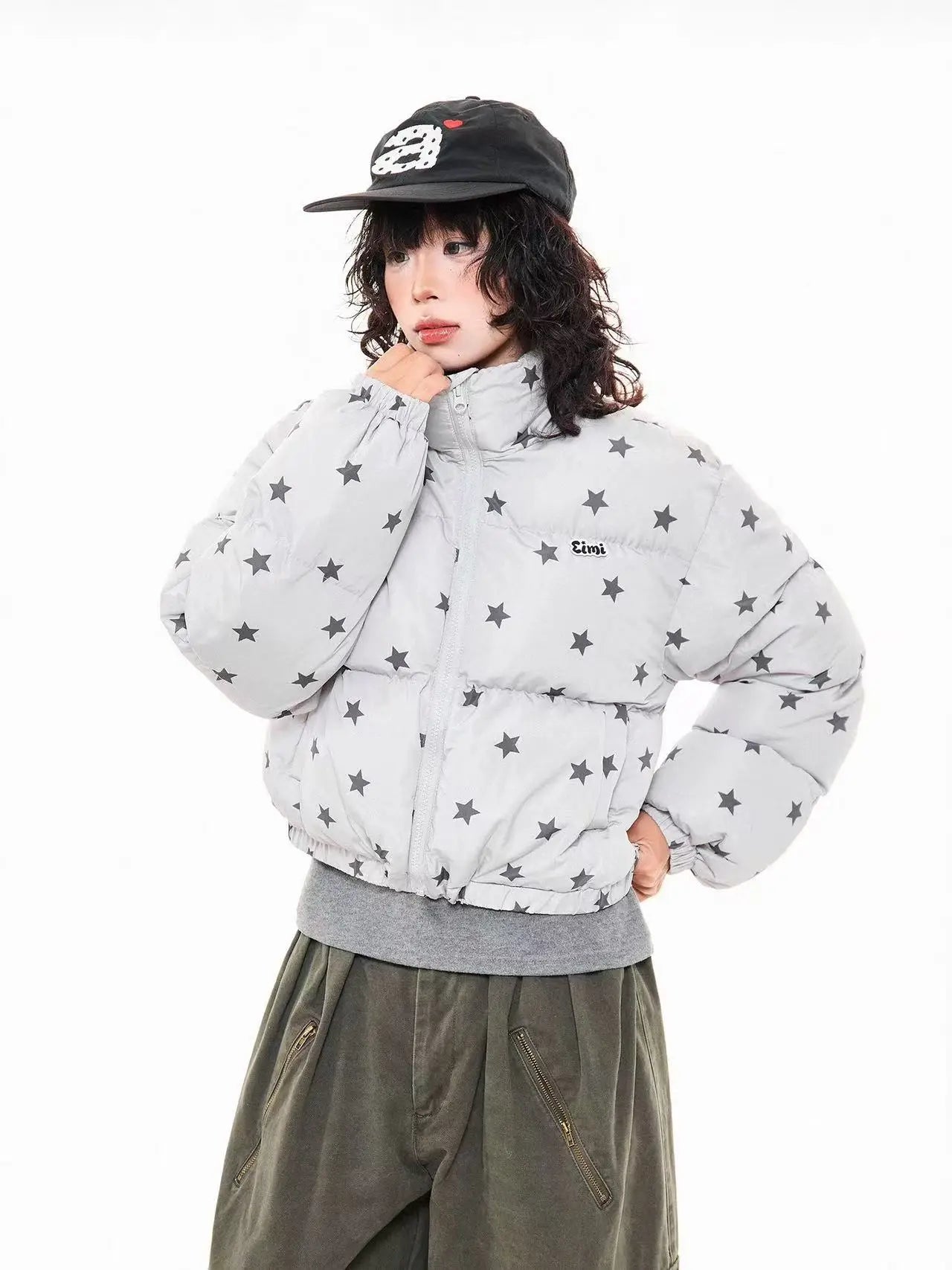 Star Print Stand Collar Puffer Jacket   OL2017