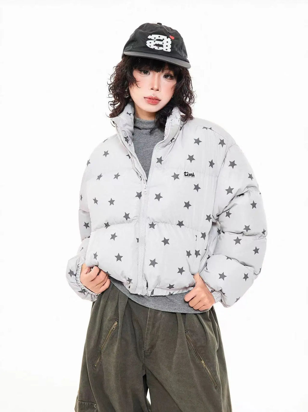 Star Print Stand Collar Puffer Jacket   OL2017