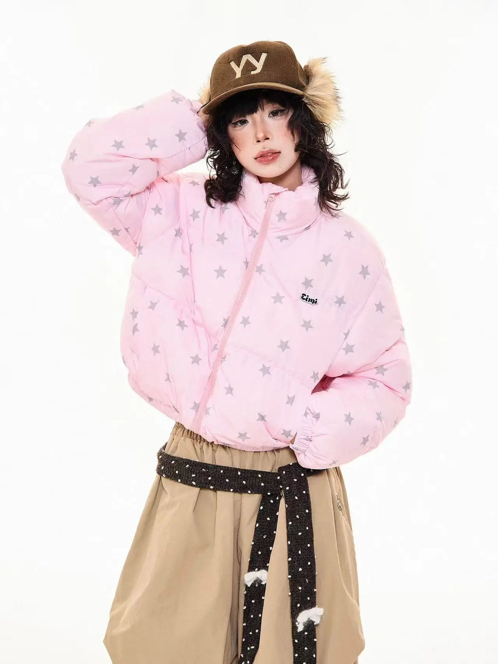 Star Print Stand Collar Puffer Jacket   OL2017