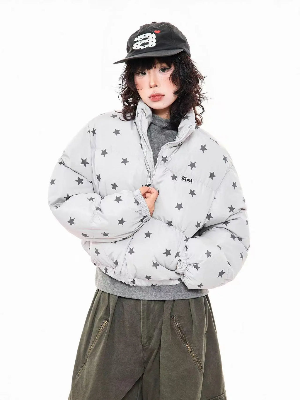 Star Print Stand Collar Puffer Jacket   OL2017