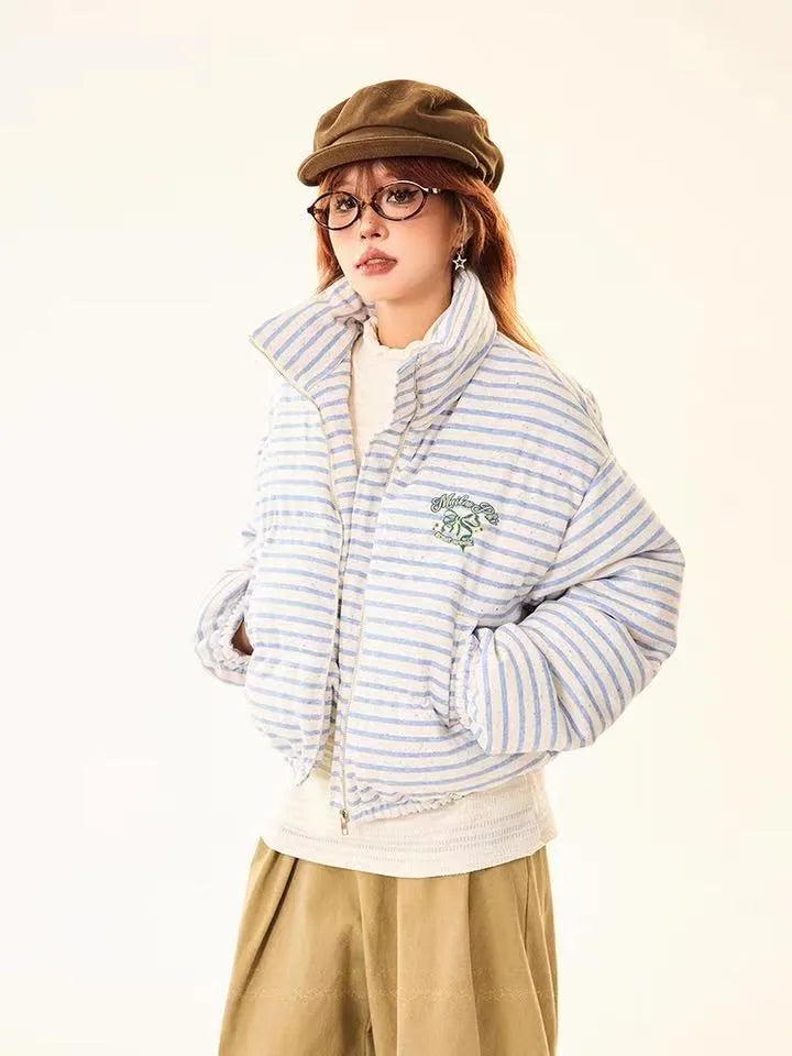 Retro Striped Stand Collar Puffer Jacket   OL2018